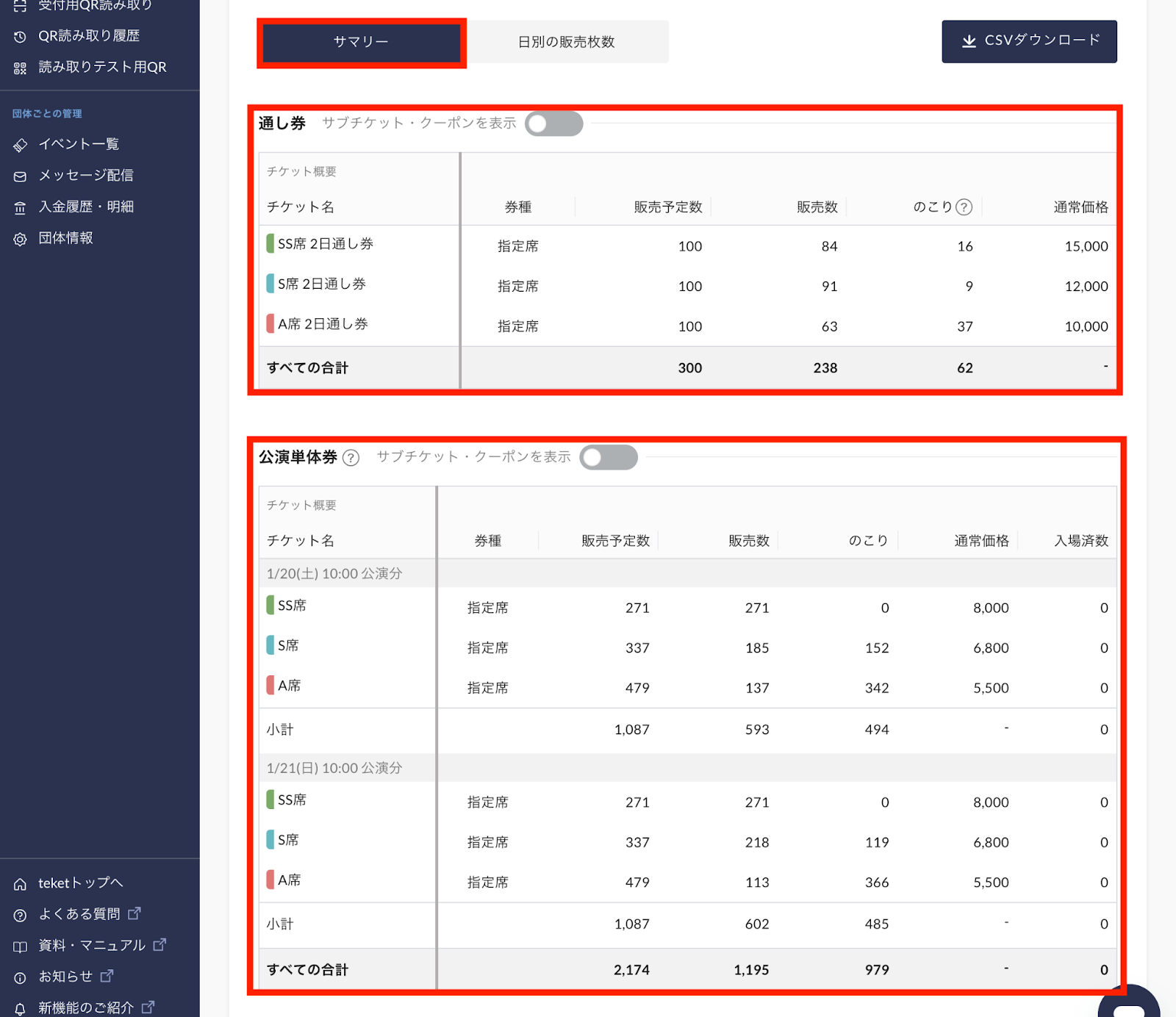 チケット販売状況/購入者の確認方法 – teket help